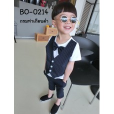 BO0214N ชุดเด็กผู้ชายออกงาน เสื้อคอกลมสีขาวแขนสั้น กั๊กเย็บติด + หูกระต่าย + กางเกงลายทางสีกรมท่าเกือบดำ (3ชิ้น) 